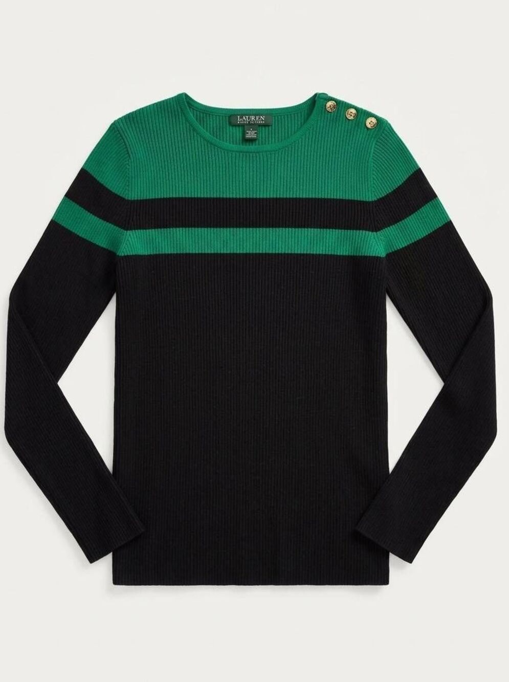 🔺️Ralph Lauren Green & Black Colorblock Gold Buttoned Shoulder Sweater Small